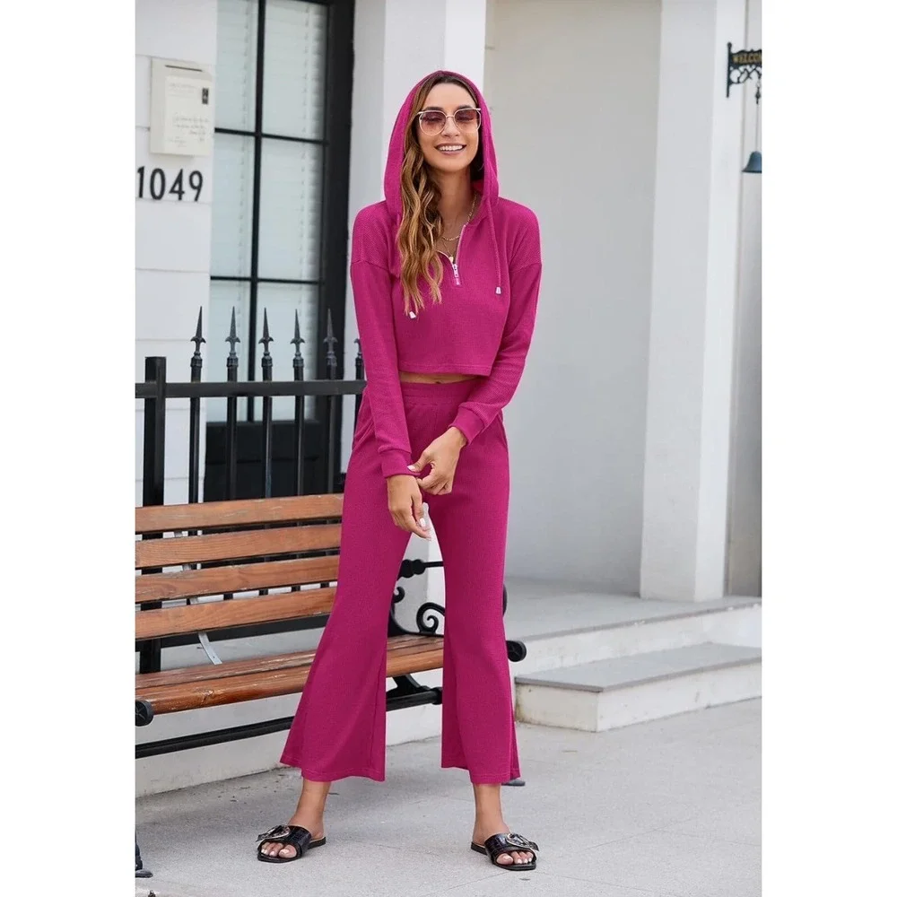 Vintage Modern Fixmatti 2 Piece Waffle Knit Crop Hoodie Flared Pants Red L